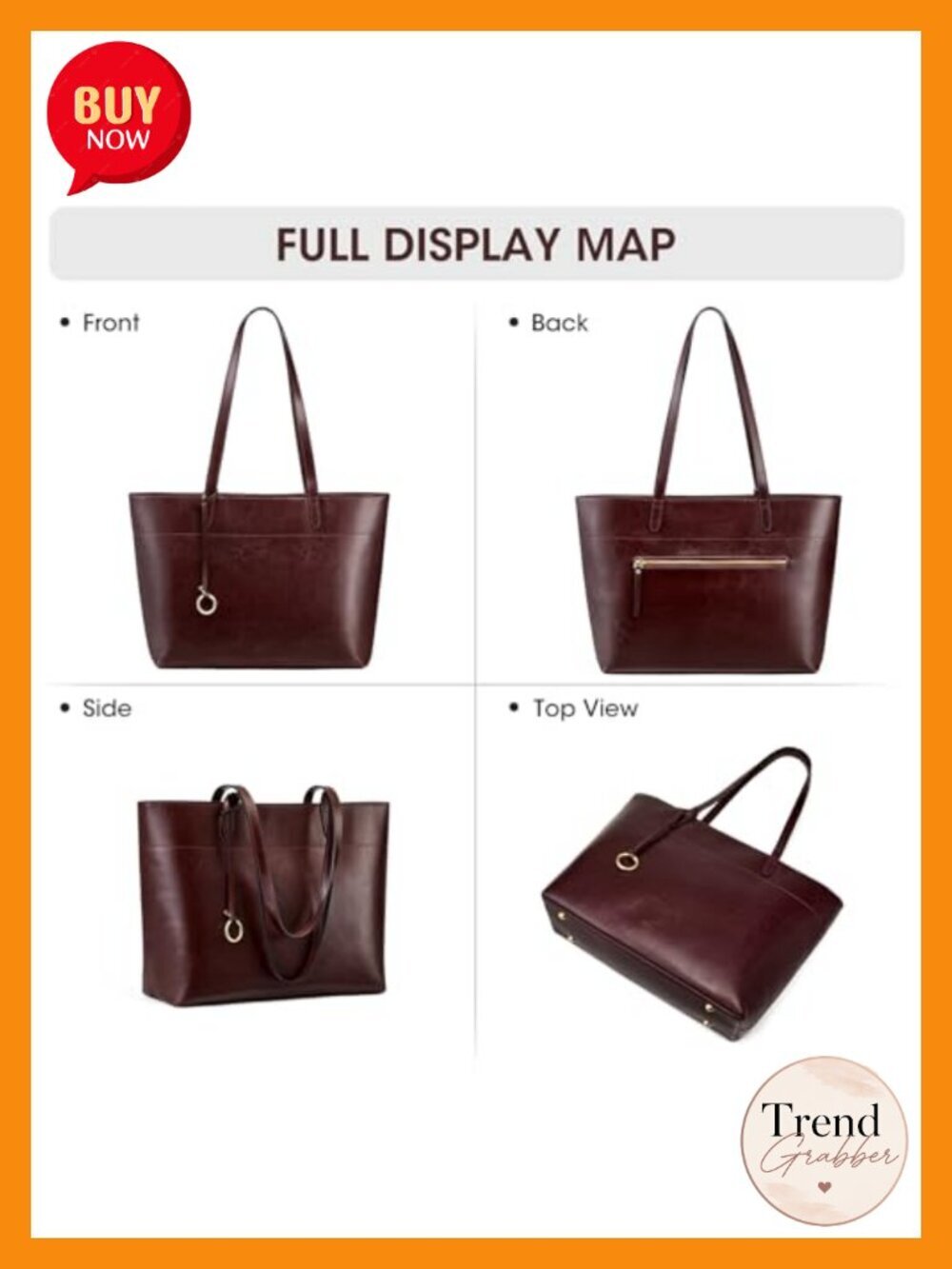 Vintage Genuine Leather Tote Bag with Zipper Compartment Large Work Travel - Picture 6 of 6